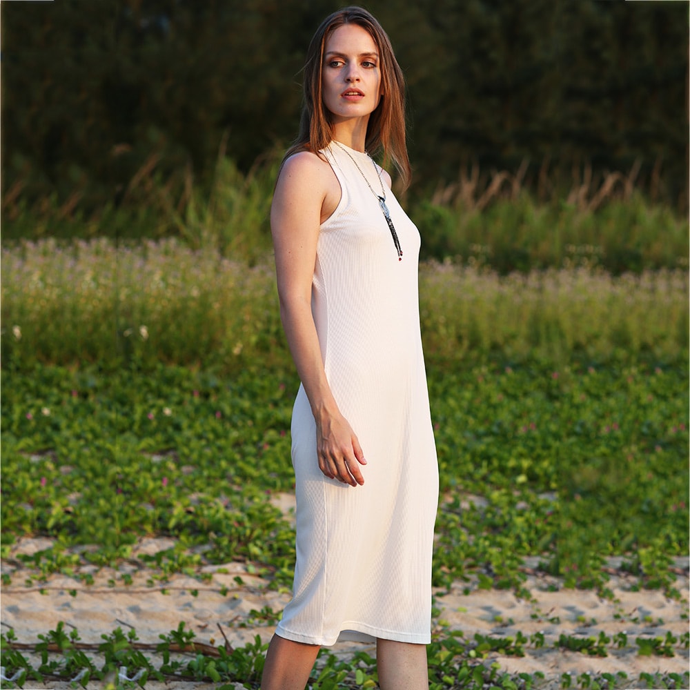 Simple Jewel Collar Pure Color Sheathy Knitted Women Dress- Off-White L