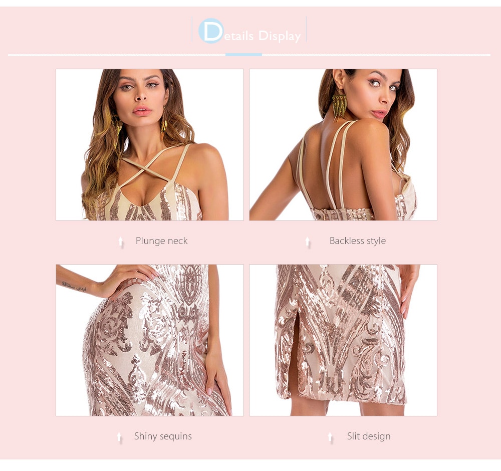 Sexy Plunge Neck Criss-cross Spaghetti Strap Backless Slit Sequins Women Bodycon Dress- Rose Gold XL