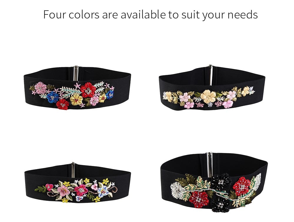 Vintage Rhinestone Floral Embellished Elastic Wide Waist Belt- Red and White