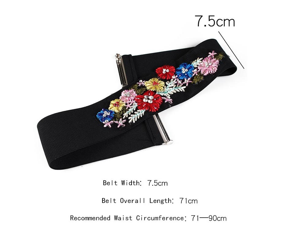 Vintage Rhinestone Floral Embellished Elastic Wide Waist Belt- Red and White