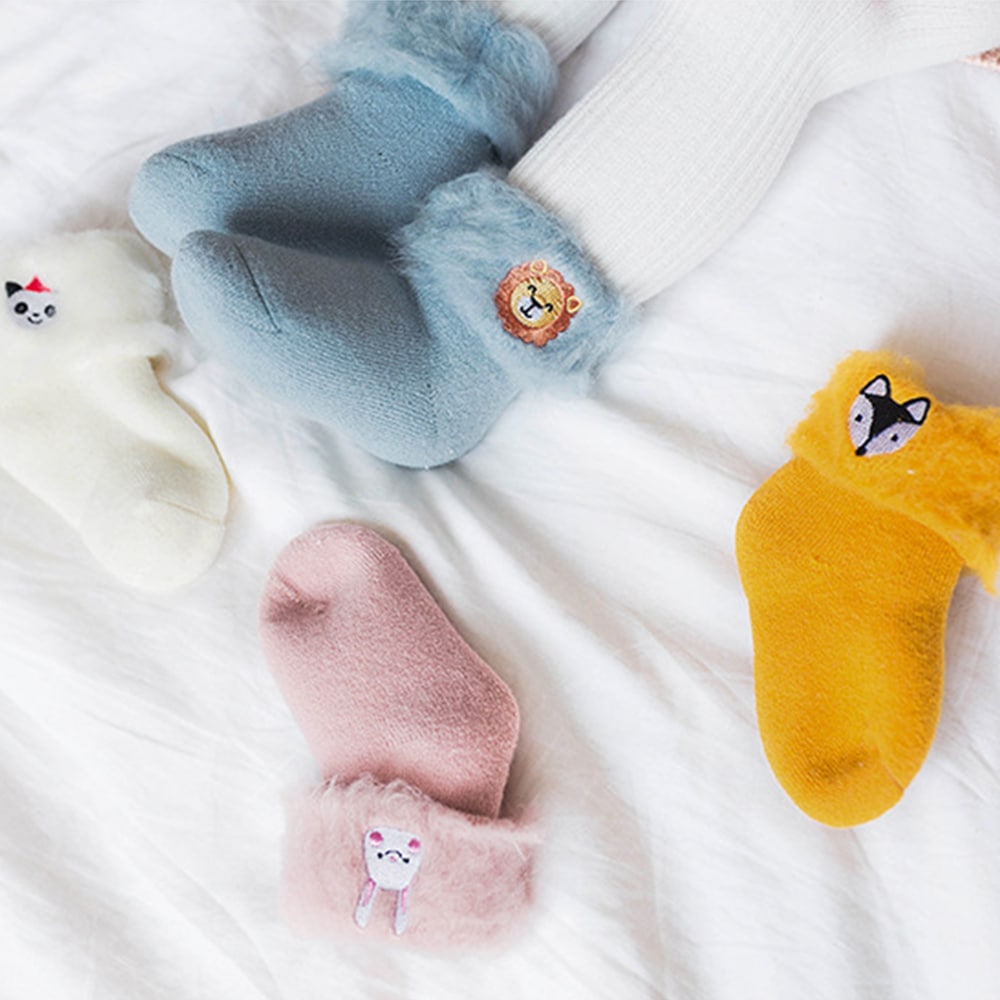 Thick Baby Cartoon Embroidery Warm Baby Socks- Gray Cloud M