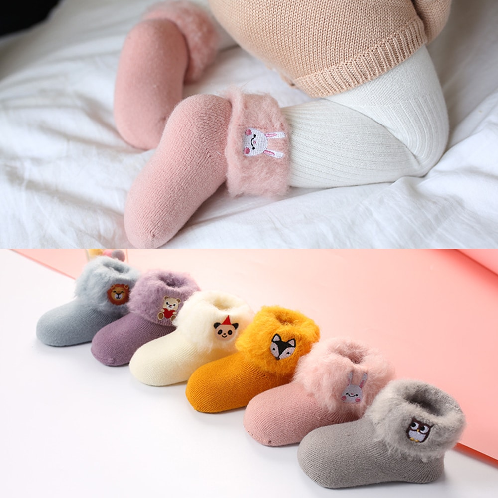 Thick Baby Cartoon Embroidery Warm Baby Socks- Gray Cloud M