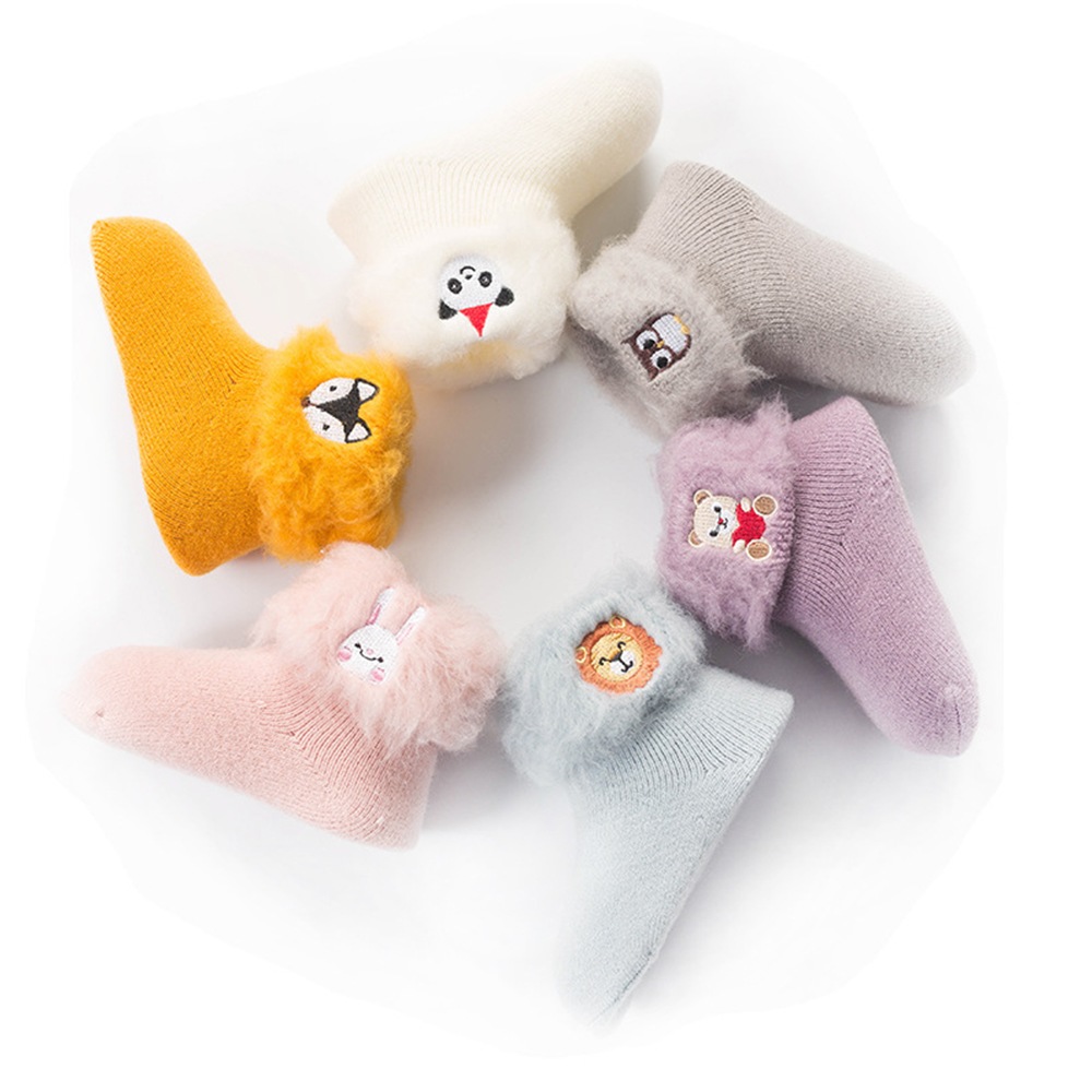 Thick Baby Cartoon Embroidery Warm Baby Socks- Gray Cloud M