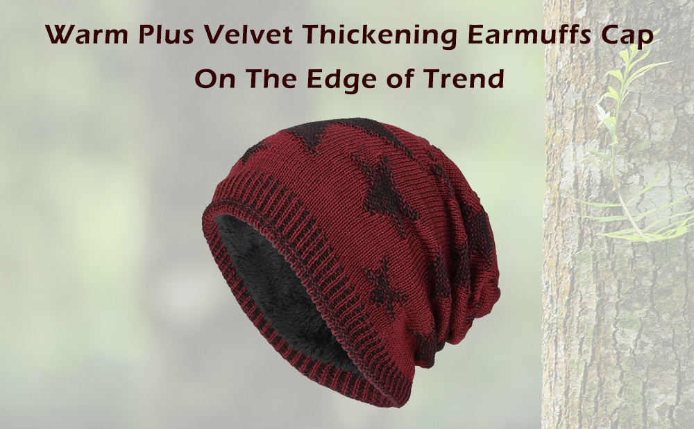 Tide Knit Wool Winter Plus Velvet Warm Five-pointed Star Head Men's Outdoor Hat- Red Wine