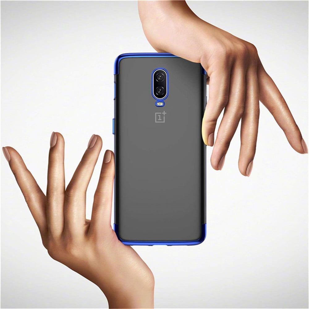 Soft Full Plating TPU Cover with Tempered Glass Screen Protector for OnePlus 6T- Blue