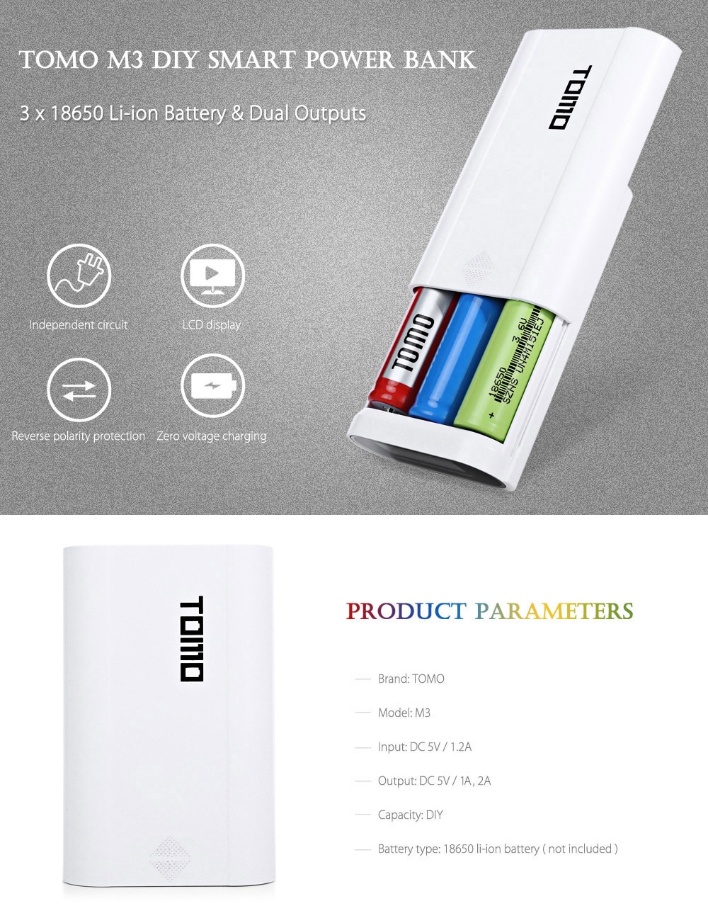 TOMO M3 DIY Smart Power Bank 3 x 18650 Li-ion Battery Charger- White