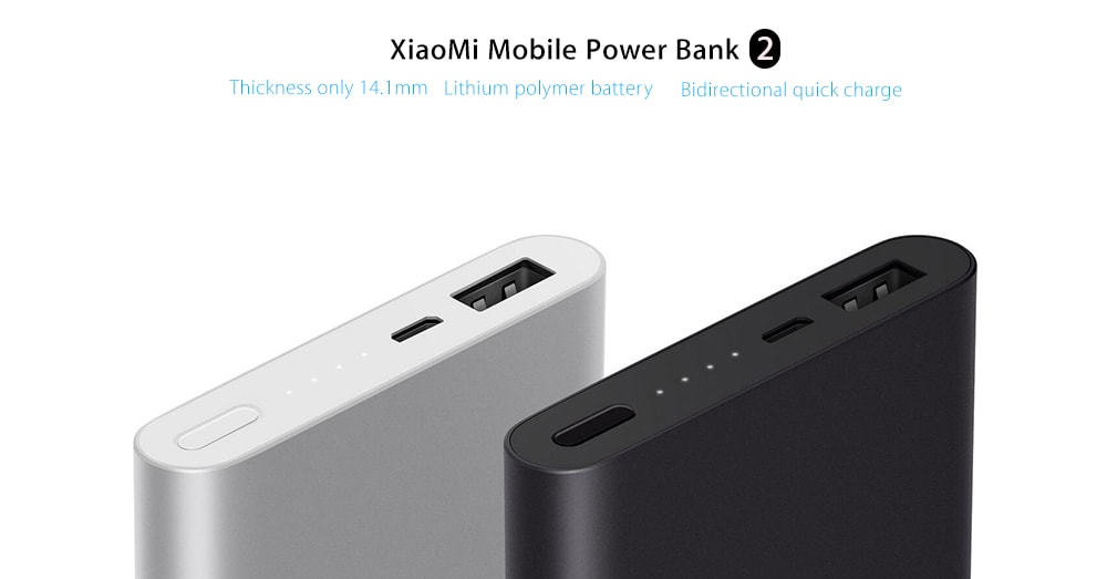 Original Xiaomi Bidirectional Quick Charge 10000mAh Portable Power Bank 2 Aluminium Alloy Housing Ultra-thin Body- Silver