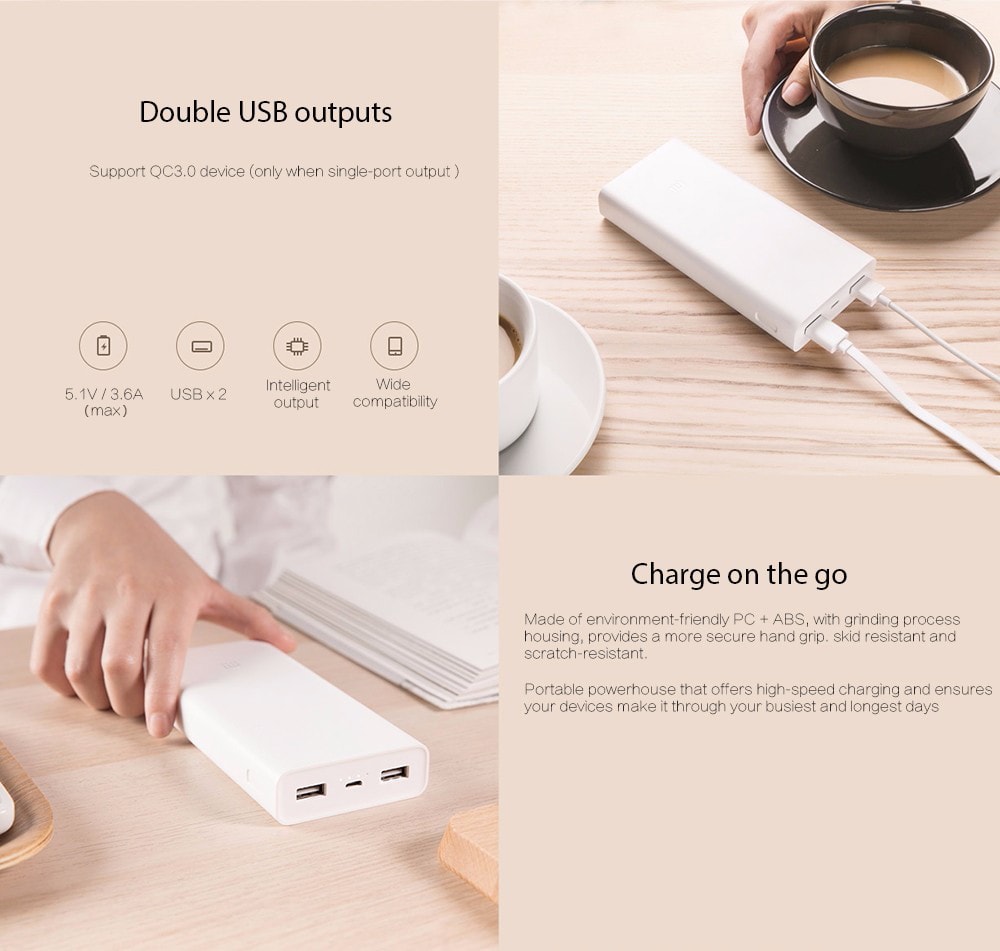 Original Xiaomi Mobile Power Bank 2C 20000mAh Dual USB Bi-directional Quick Charge- White