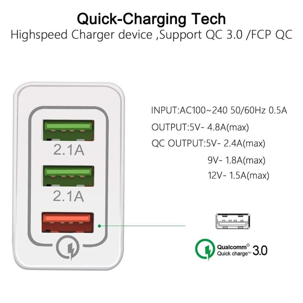 QC3.0 3-port USB Fast Wall Charger Power Adapter for Xiaomi / Huawei /Samsung- White