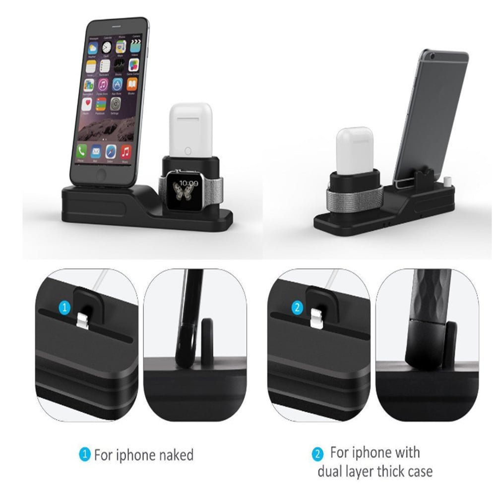 Silicone 3 in 1 Charging Stand Holder Dock for iPhone for Apple Watch/ AirPods- Black