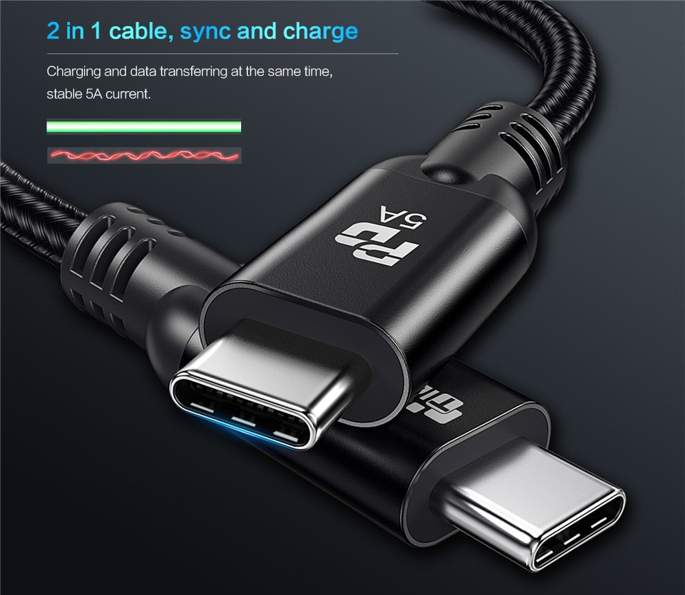 TIEGEM 5A USB 3.1 Type C Male To Type-C Charging Cable- Black 30CM