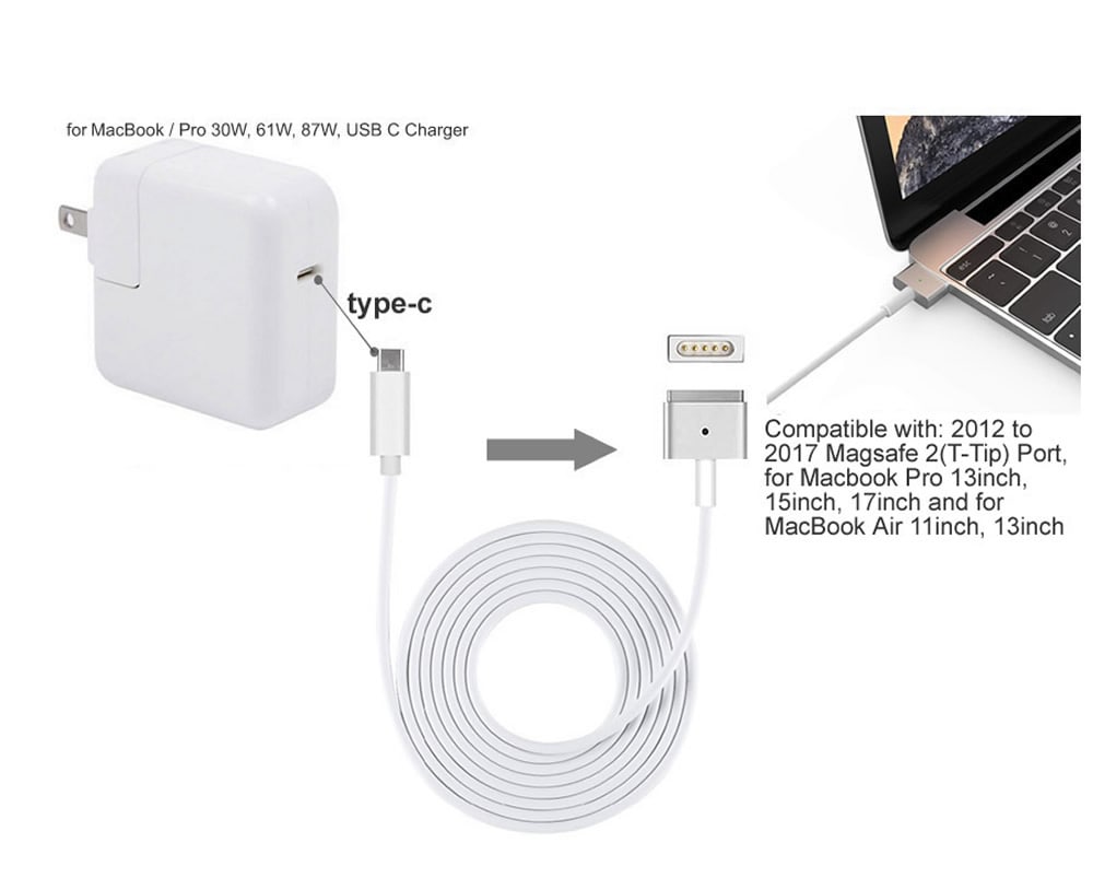 USB-C to Magsate 2 T-Tip Power Adapter Cable for Macbook Pro / MacBook Air- White