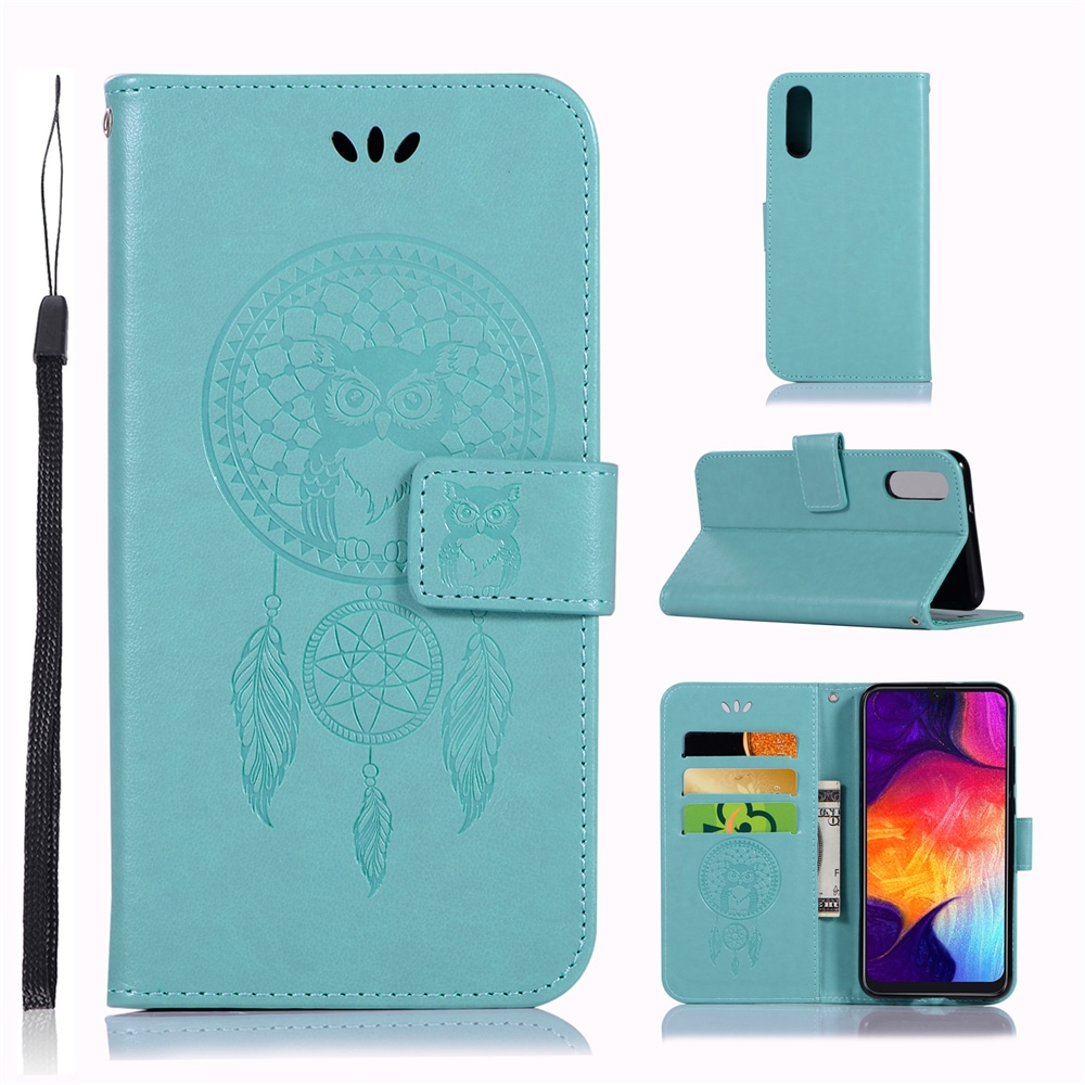 Owl Wind Chimes Flip Wallet Leather Cover for Samsung Galaxy A50 Phone Case- Medium Turquoise