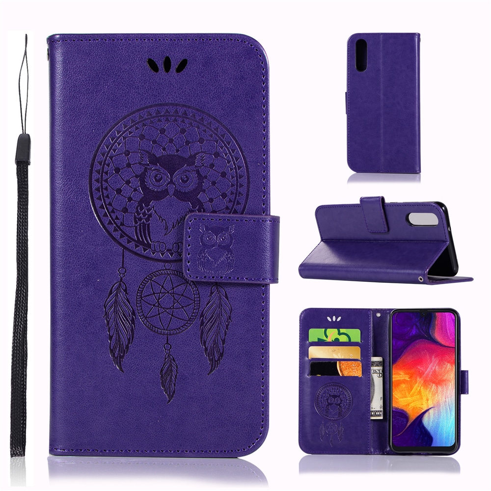 Owl Wind Chimes Flip Wallet Leather Cover for Samsung Galaxy A50 Phone Case- Medium Turquoise