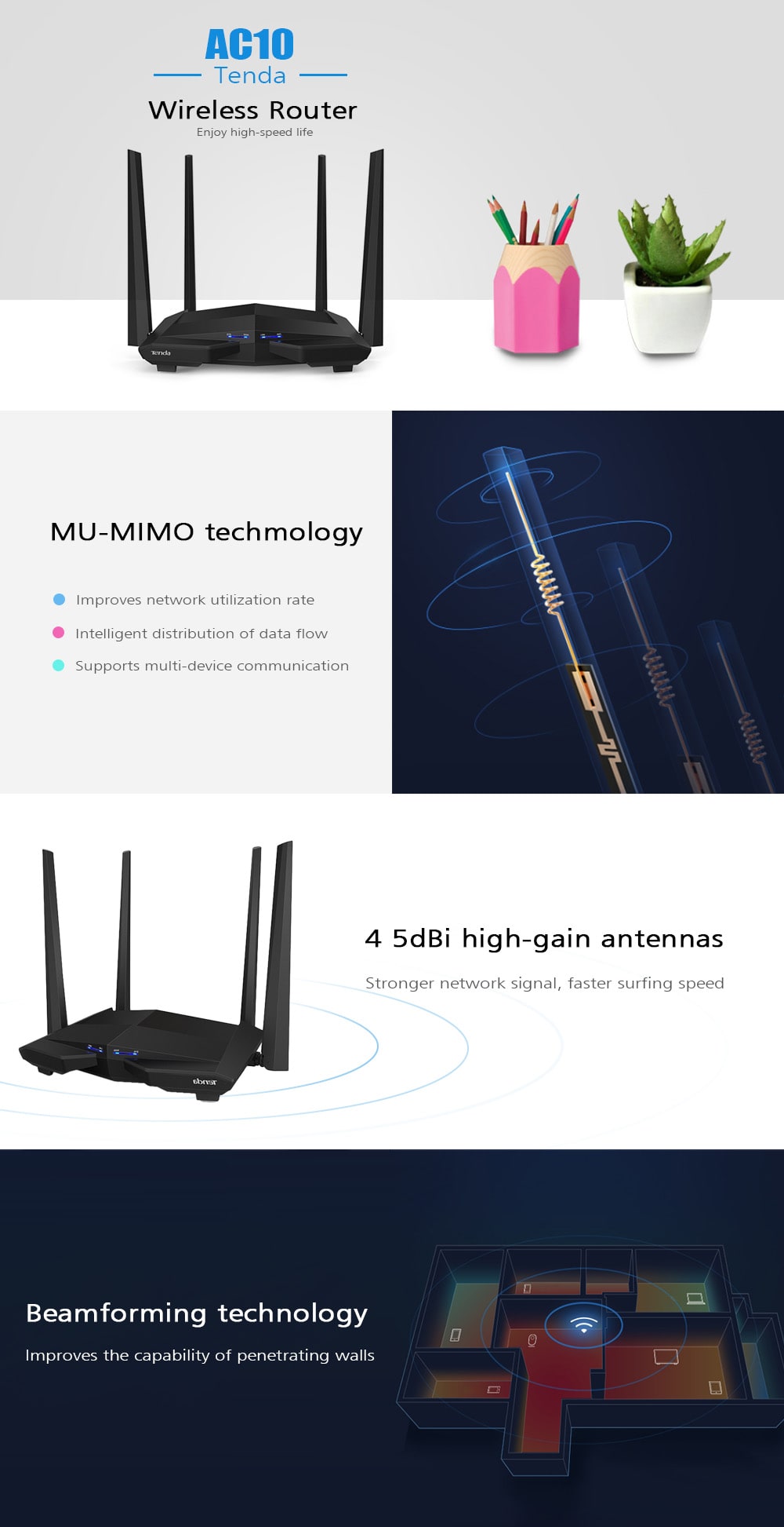 Tenda AC10 Wireless Router 1167Mbps / 2.4GHz + 5GHz Dual Band Wi-Fi / 4 5dBi Antennas- Black