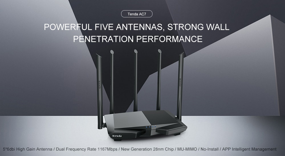 Tenda AC7 Wireless Router 2.4GHz + 5GHz Dual Frequency / 1167Mbps / 5 x 6dBi Antenna- Black