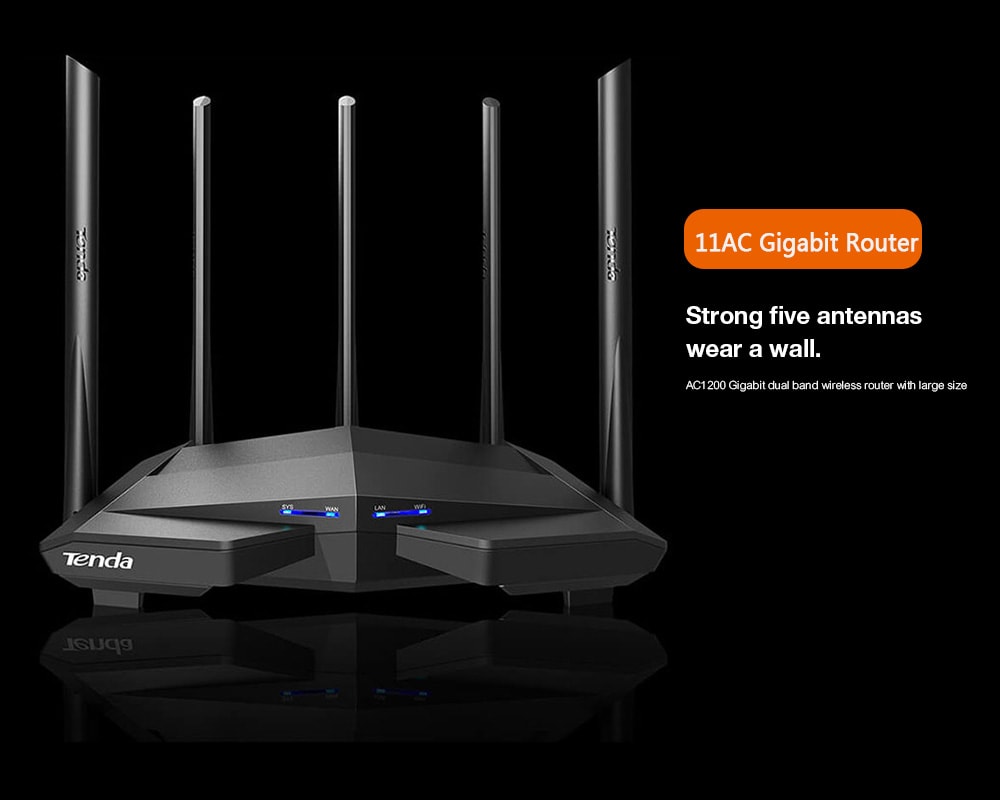 Tenda AC11 1200Mbps Wireless WiFi Router Dual Band 2.4G / 5G 1 WAN + 3 LAN Gigabit Ports 5 x 6 dBi Antenna - Black