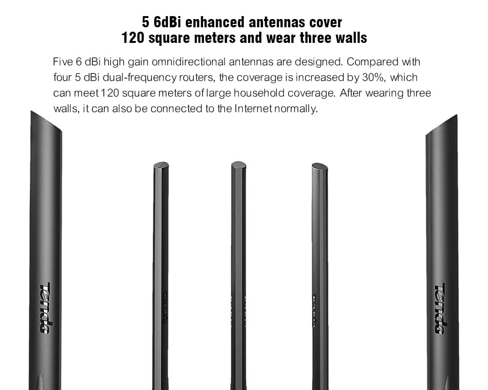 Tenda AC11 1200Mbps Wireless WiFi Router Dual Band 2.4G / 5G 1 WAN + 3 LAN Gigabit Ports 5 x 6 dBi Antenna - Black