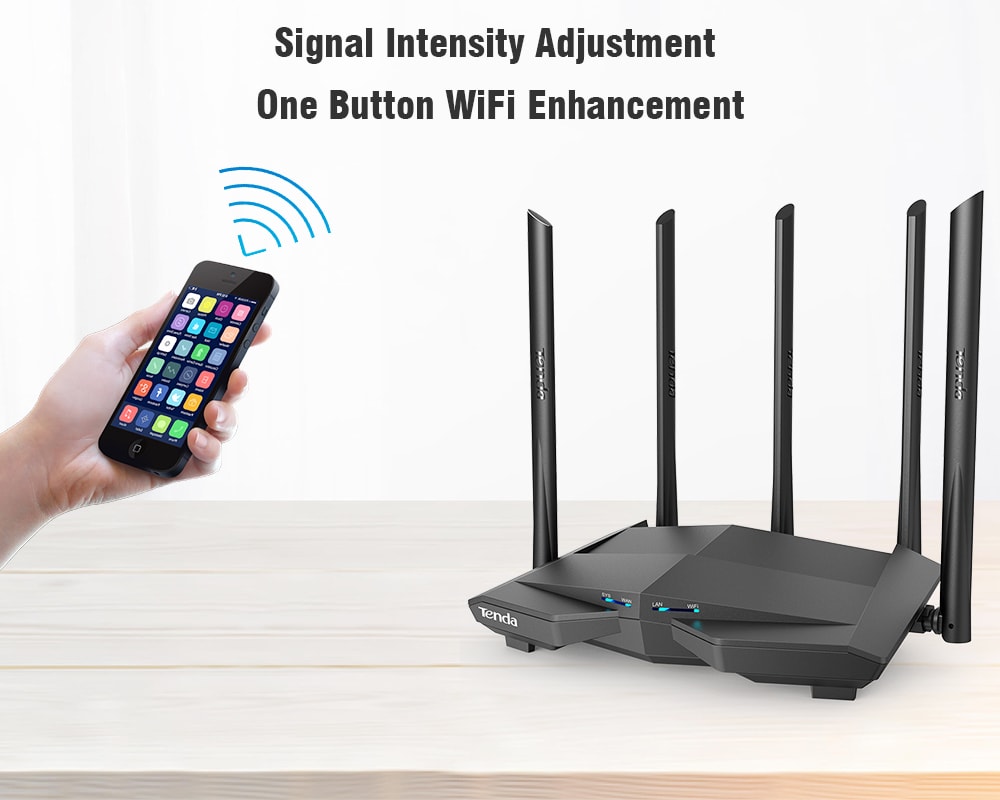 Tenda AC11 1200Mbps Wireless WiFi Router Dual Band 2.4G / 5G 1 WAN + 3 LAN Gigabit Ports 5 x 6 dBi Antenna - Black