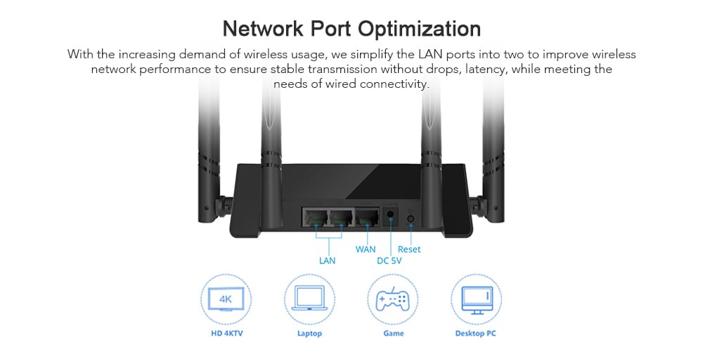 WAVLINK WS - WN521R2P Wireless Smart Router 300Mbps 2.4GHz WiFi - Black EU Plug