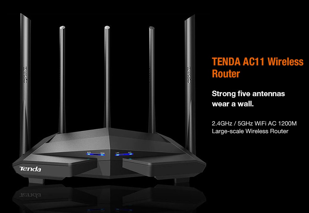 TENDA AC11 2.4GHz Plus 5GHz WiFi AC 1200M Large-scale Gigabit Dual-band Wireless Router- Black