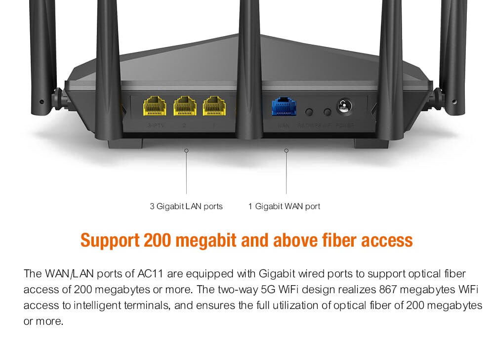 TENDA AC11 2.4GHz Plus 5GHz WiFi AC 1200M Large-scale Gigabit Dual-band Wireless Router- Black