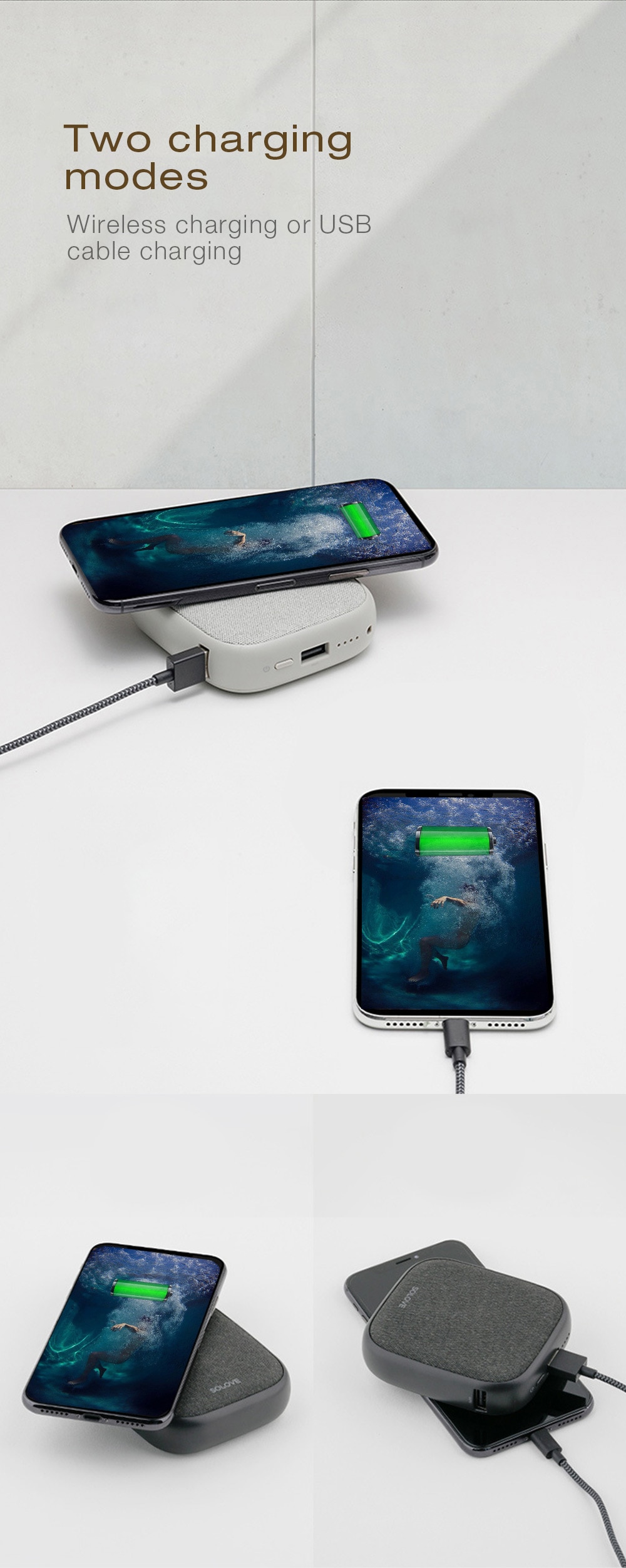 SOLOVE Ultra-thin Mobile Power Wireless Charger- Gray Cloud