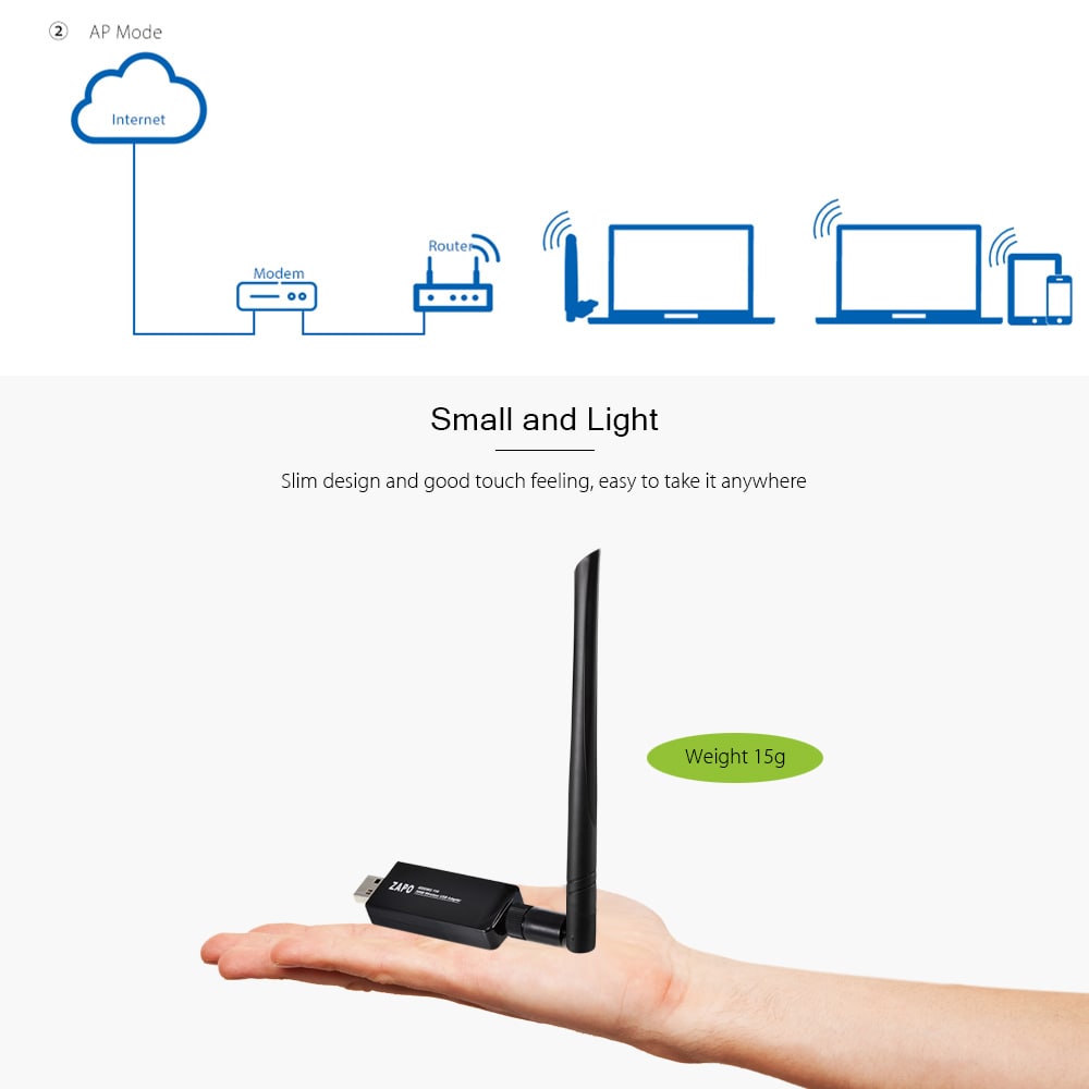 ZAPO W66L - 5DB USB WiFi Adapter 300M Portable Router 2.4GHz- Black