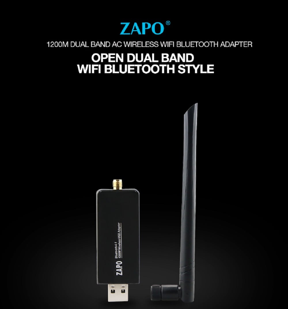 ZAPO W97L-5db USB 1200M Dual-Band WIFI Wireless Card + Bluetooth 4.1 Adapter- Jet Black