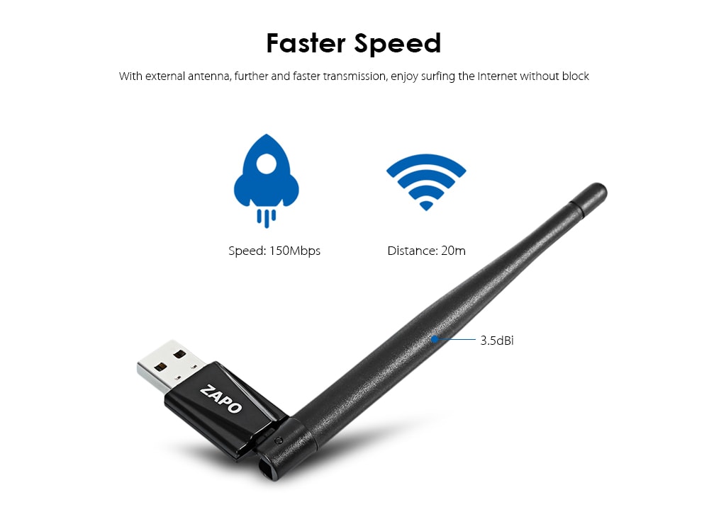 ZAPO RTL8188 USB WiFi Adapter 150M Portable Network Router 2.4GHz- Black