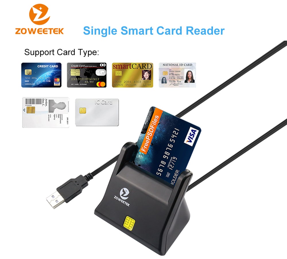 Zoweetek ZW - 12026 - 3  EMV USB Smart Card Reader Writer DOD Military USB Common Access CAC Smart Card Reader ISO7816 for SIM / ATM / IC / ID Card- Black