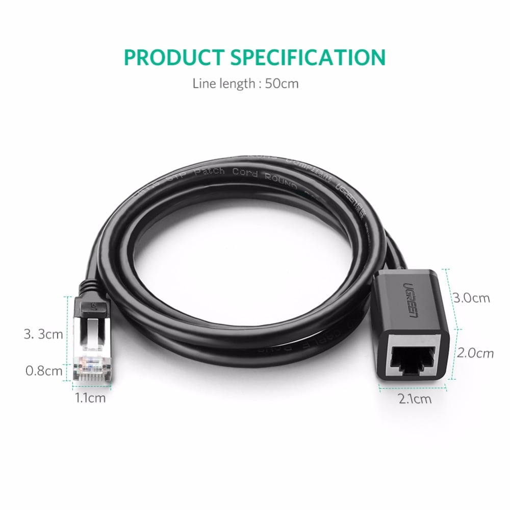 UGREEN NW112 Cat 6 Ethernet Extension Cable Male to Female RJ45 LAN Network Wire Adapter for PC Laptop 0.5M- Black