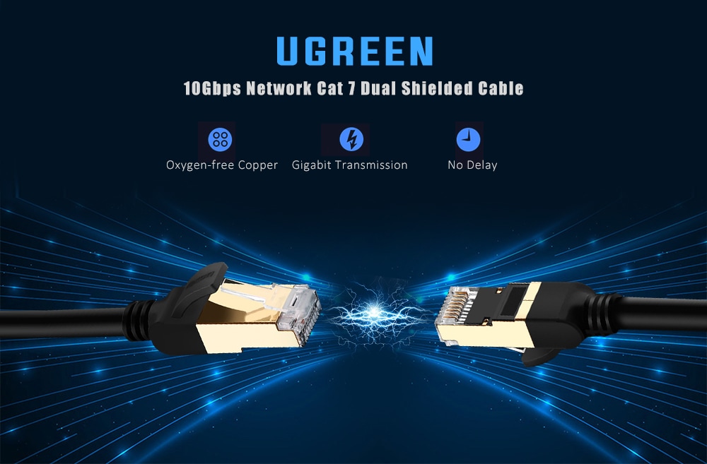 UGREEN NW107 CAT7 Network Cable Twisted Pair Round Wire 24K Gold-plated Shield 10Gbps 2M- Black