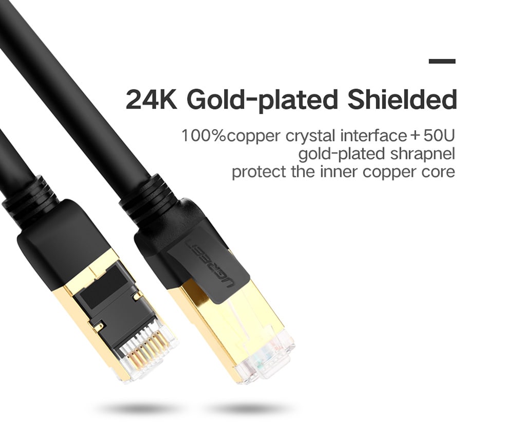 UGREEN NW107 CAT7 Network Cable Twisted Pair Round Wire 24K Gold-plated Shield 10Gbps 2M- Black