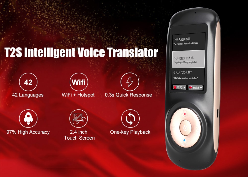 T2S Intelligent Voice Translator with 2.4 inch Touch Screen Support WiFi Hotspot 42 Languages- Black