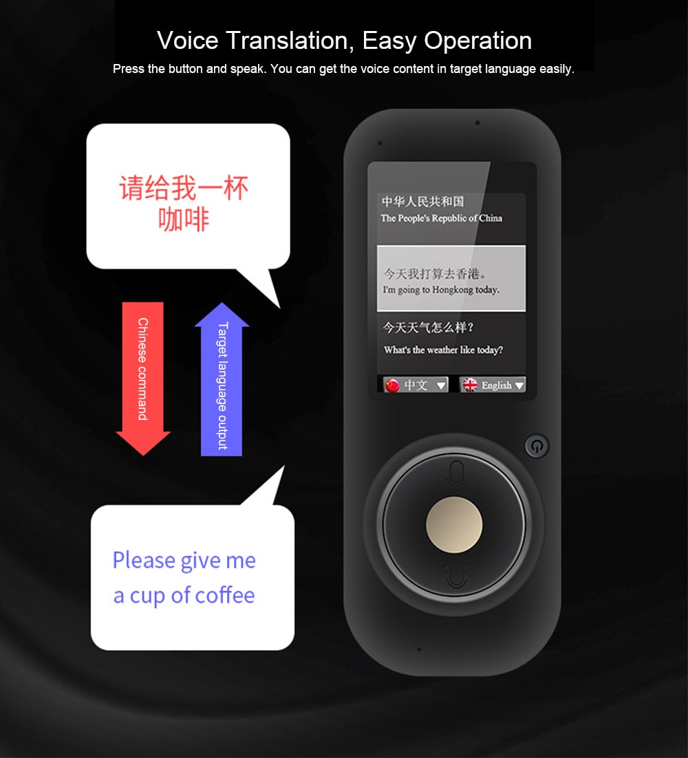 T2 Smart Voice Translator Support Audio Record Playback 35 Languages- Gray