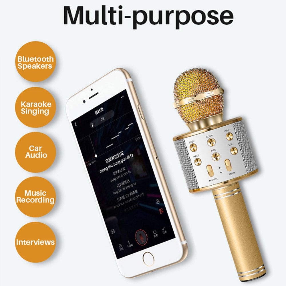 Wireless Bluetooth Karaoke Handheld Microphone USB KTV Player Mic Speaker Record Music Microphones- Rose Gold