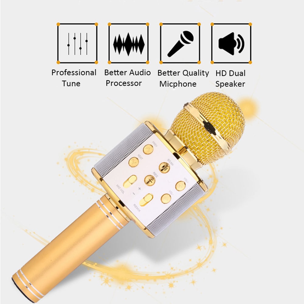 Wireless Bluetooth Karaoke Handheld Microphone USB KTV Player Mic Speaker Record Music Microphones- Rose Gold