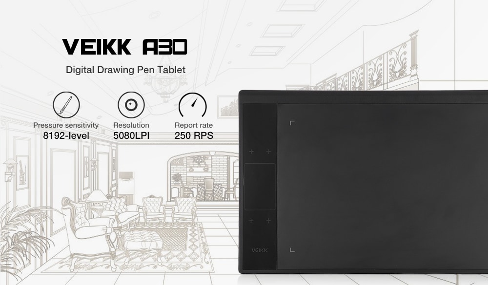 VEIKK A30 10 x 6 inch Digital Drawing Tablet with 8192 Levels Passive Pen- Black