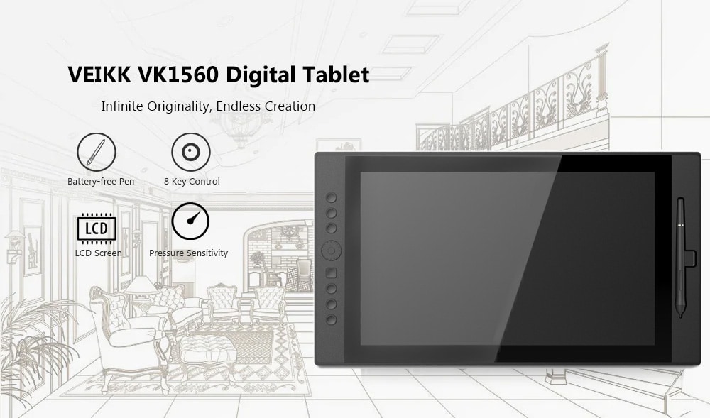 VEIKK VK1560 15.6 inch Digital Tablet LCD IPS Drawing Monitor with 8192 Level Battery Free Pen Stylus- Black UK Plug