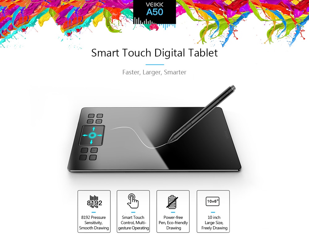 VEIKK A50 Digital Tablet Drawing Panel 0.9cm Ultra-thin 8192 Pressure Sensitivity- Black