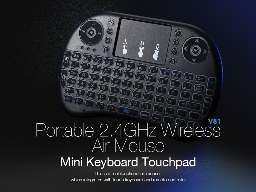 V81 Portable 2.4GHz Wireless Remote Control Colorful Backlight Air Mouse Mini Keyboard Touchpad- Black