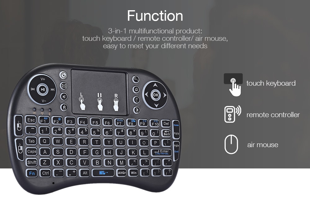 V81 Portable 2.4GHz Wireless Remote Control Colorful Backlight Air Mouse Mini Keyboard Touchpad- Black