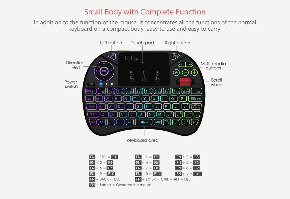 Rii X8 Plus 2.4GHz Wireless Air Mouse Keyboard with Touchpad - Black