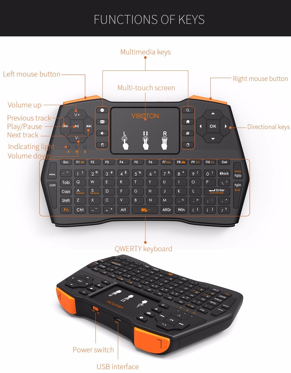 VIBOTON i8 Plus 2.4GHz Wireless Keyboard with Touchpad- Black RUSSIA