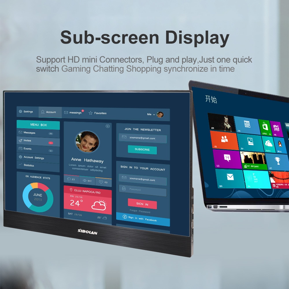 SIBOLAN S3 15.6 inch IPS LCD 1920x1080 Portable Monitor with Dual Mini HD Input- Black