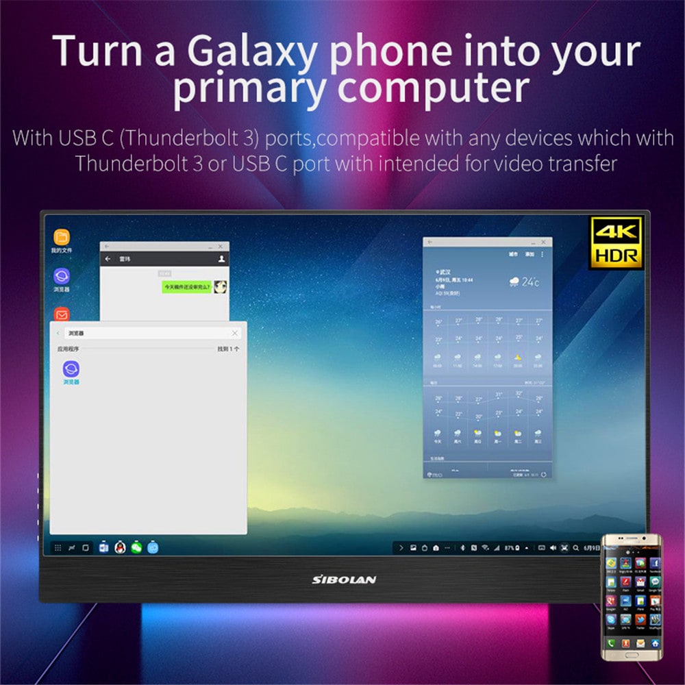 SIBOLAN S19b 15.6 inch Type C/Thunderbolt 3 4K 3840x2160 HDR Portable Monitor- Black Type-C 4k Monitor