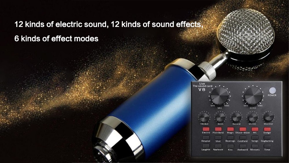 V8 Audio External USB Headset Microphone K Song Live Broadcast Sound Card- Black