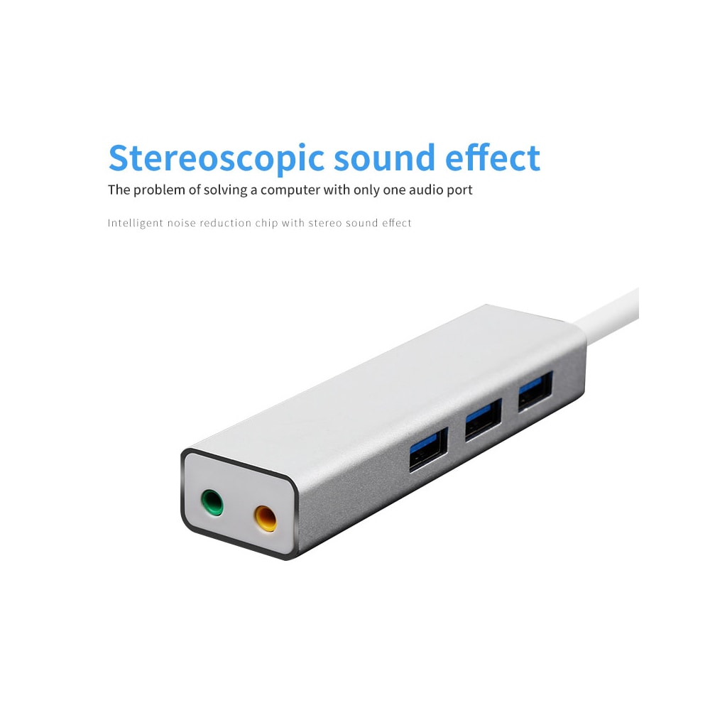 USB 3.0 Hub Plus 5.1 Sound Card Multifunction- Silver