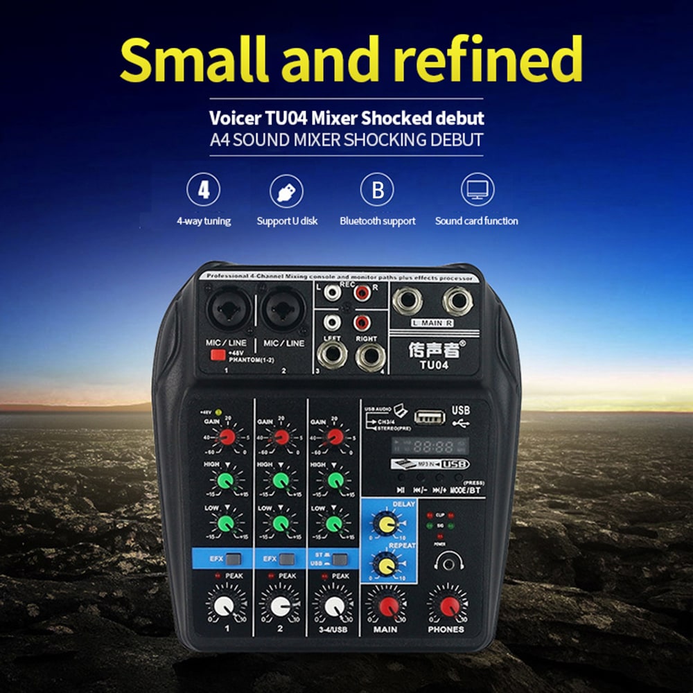 TU04 Bluetooth USB and Sound Card Mixer for Recording Voice-Activated Radio- Black